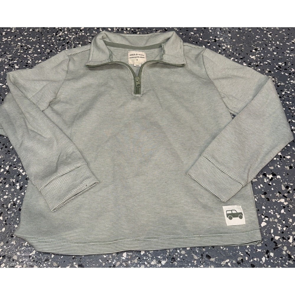 Stitch & Stone Boys Green Striped Quarter Zip Pullover Sweater Size 8 Jeep Patch